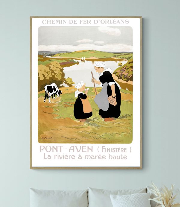 Affiche vintage représentant une scène de la rivière à marée haute à Pont-Aven, Finistère.