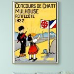 Affiche vintage du concours de chant Mulhouse 1922, illustrant deux enfants chantant lors de la Pent.