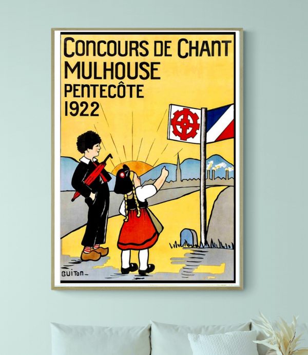 Affiche vintage du concours de chant Mulhouse 1922, illustrant deux enfants chantant lors de la Pent.