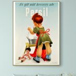 Affiche vintage Persil avec une petite fille cuisinant, style rétro.