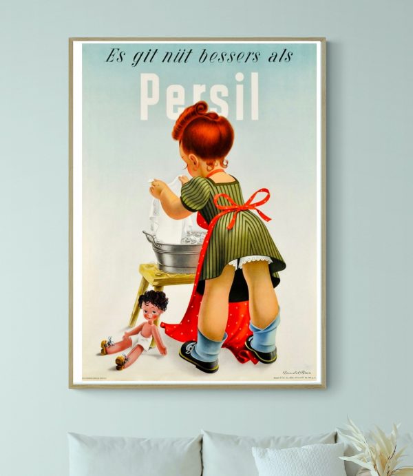 Affiche vintage Persil avec une petite fille cuisinant, style rétro.