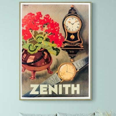 Affiche vintage avec horloge et pendule, promotion Persil, style rétro.