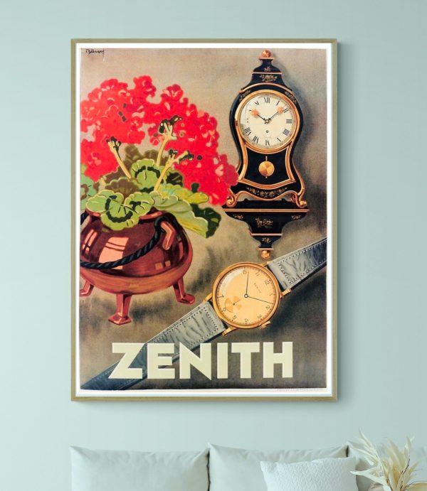 Affiche vintage avec horloge et pendule, promotion Persil, style rétro.