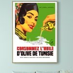 Affiche vintage encourageant la consommation d'huile d'olive de Tunisie. Illustration colorée d'une.