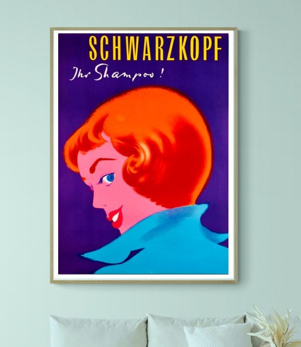 Affiche vintage Schwarzkopf pour shampoo, style rétro coloré.