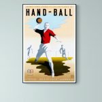 Balade vintage pour affiche de ballet russe 1952, illustrant la pratique du hand-ball pour jeunes.