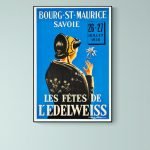 Affiche vintage pour l'événement Les Fêtes de l'Edelweiss à Bourg-St-Maurice, Savoie, en juillet 195.