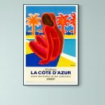 Affiche vintage promotionnelle de la Côte d'Azur avec trains et autocars, style rétro coloré.