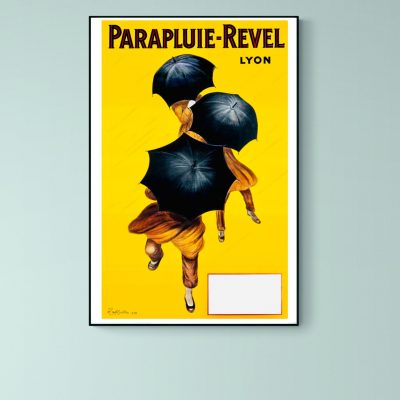 Parapluie vintage avec trois personnes sous des parapluies noirs, style rétro.