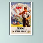 Affiche vintage Mont Blanc France avec paysage alpin et train, évoquant le voyage et l'aventure dans.