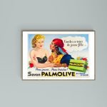 Affiche vintage Palmolive, savon pour peau jeune et fraîche, avec un design rétro coloré.