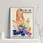 Affiche vintage Eau de Cologne avec femme et produits de toilette.