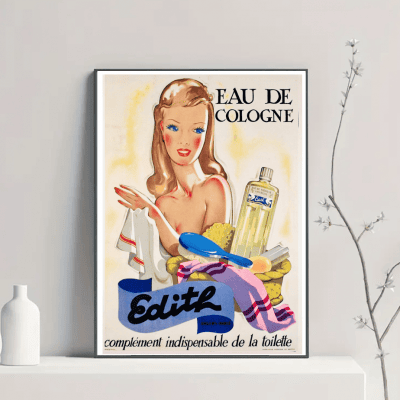 Affiche vintage Eau de Cologne avec femme et produits de toilette.