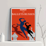 Affiche vintage Ballets Russes 1952, illustrant des danseurs en mouvement avec un fond rouge vif.
