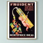 Affiche vintage de dentifrice Fruident avec bébé et fruits.