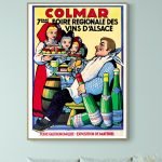 Affiche vintage de la foire régionale des vins à Colmar, Alsace, mettant en valeur la tradition viti.