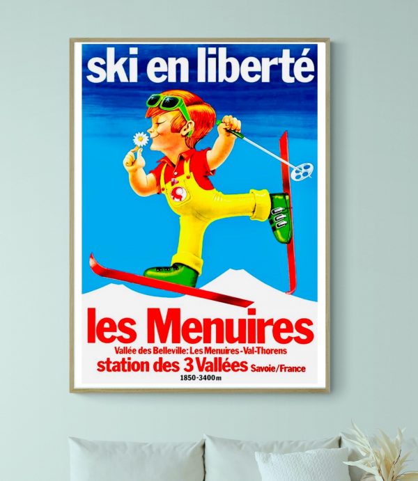 Affiche vintage de ski à Les Menuires, station de Savoie, France.