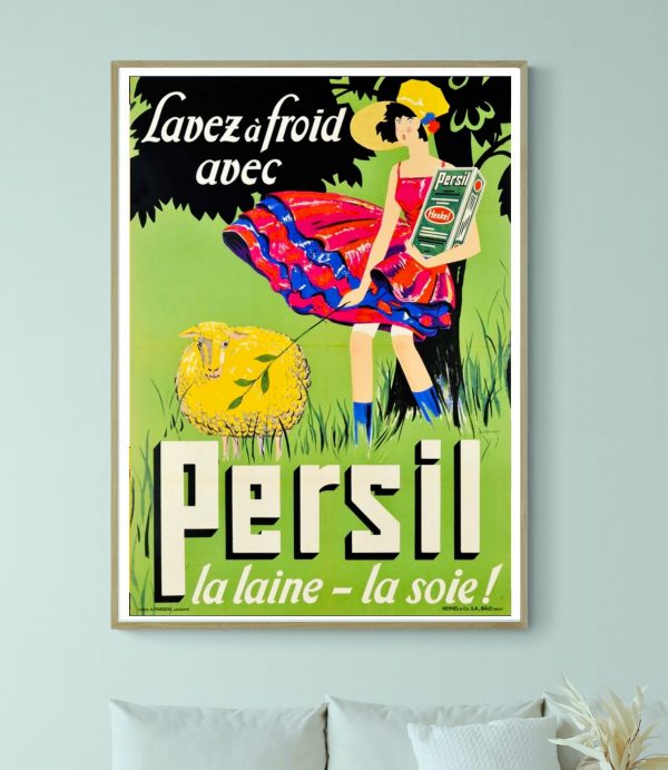 Affiche vintage Persil pour lavage à froid des textiles délicats.