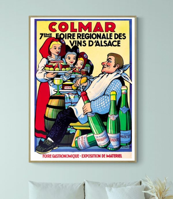 Affiche vintage de la foire régionale des vins à Colmar, Alsace, mettant en valeur la tradition viti.