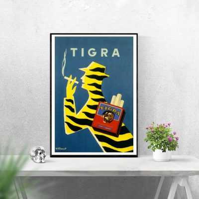 Affiche vintage Tigra avec tigre et cigarette.