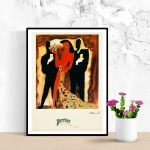 Affiche vintage Perrier avec trois silhouettes et motif de goutte d'eau, style artistique coloré et.