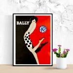 Affiche vintage Bally avec silhouette féminine et ballon de football, style artistique élégant.