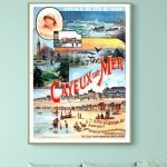 Affiche vintage illustrant la plage et la mer avec activités balnéaires.