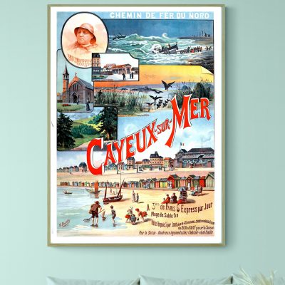 Affiche vintage illustrant la plage et la mer avec activités balnéaires.