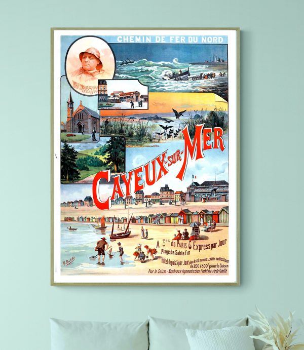 Affiche vintage illustrant la plage et la mer avec activités balnéaires.