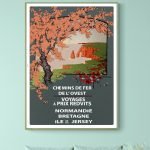 Affiche vintage représentant la côte des Légendes à Brest, avec un arbre en fleurs et des falaises e.