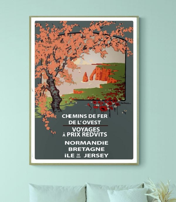Affiche vintage représentant la côte des Légendes à Brest, avec un arbre en fleurs et des falaises e.