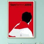 Affiche vintage de la Feria San Fermin 2000 à Pampelune, avec silhouette d’un torero en rouge et bla.