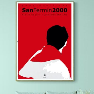 Affiche vintage de la Feria San Fermin 2000 à Pampelune, avec silhouette d’un torero en rouge et bla.