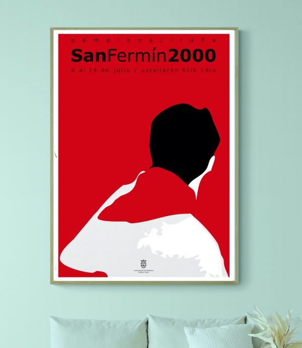 Affiche vintage de la Feria San Fermin 2000 à Pampelune, avec silhouette d’un torero en rouge et bla.