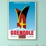 Affiche vintage Grenoble, montagne et architecture emblématique.