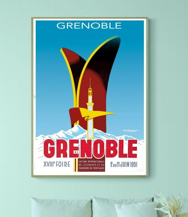 Affiche vintage Grenoble, montagne et architecture emblématique.