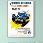 Affiche vintage de course automobile, V Grand Prix Rouen 1955, illustration rétro.