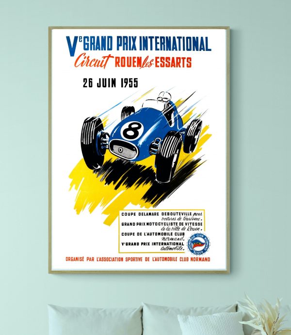 Affiche vintage de course automobile, V Grand Prix Rouen 1955, illustration rétro.