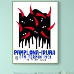 Affiche vintage de la Feria de San Fermin 1991 à Pampelune, avec design artistique de taureaux et ye.