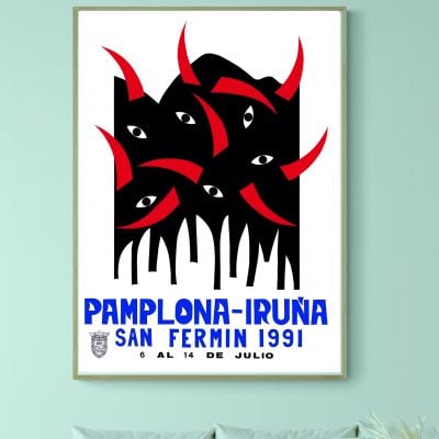 Affiche vintage de la Feria de San Fermin 1991 à Pampelune, avec design artistique de taureaux et ye.