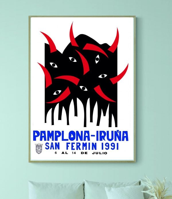 Affiche vintage de la Feria de San Fermin 1991 à Pampelune, avec design artistique de taureaux et ye.
