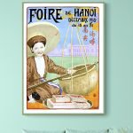 Affiche vintage de la Foire de Hanoi, décembre 1918, illustrant une scène traditionnelle vietnamienn.