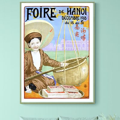 Affiche vintage de la Foire de Hanoi, décembre 1918, illustrant une scène traditionnelle vietnamienn.