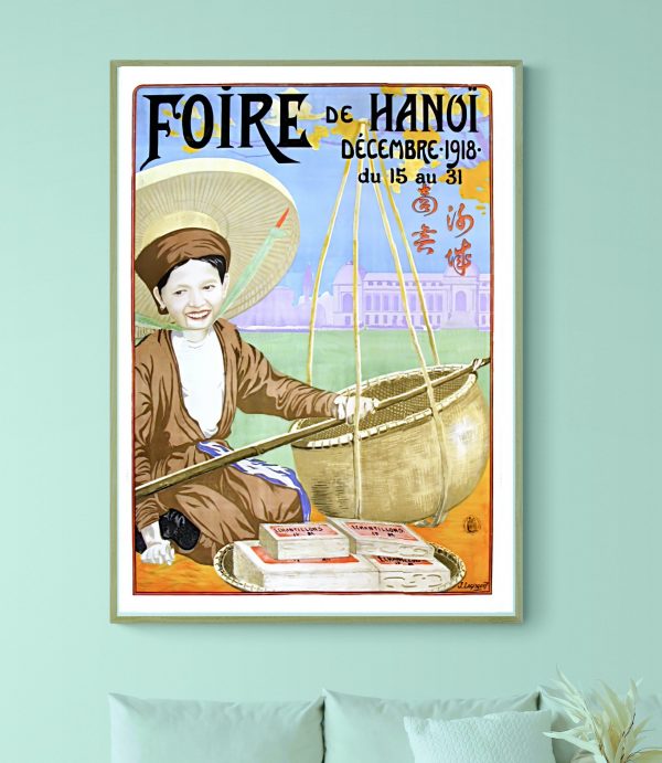 Affiche vintage de la Foire de Hanoi, décembre 1918, illustrant une scène traditionnelle vietnamienn.
