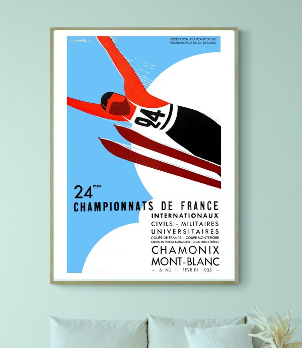 Affiche vintage de la compétition de ski à Chamonix, Mont-Blanc.