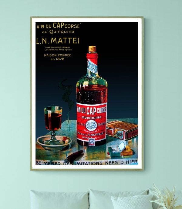 Affiche vintage Martini Vermouth avec bouteille et verre, style rétro.