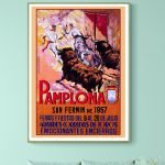 Affiche vintage de la Feria de San Fermin 1957 à Pamplona, illustrant la course de taureaux.