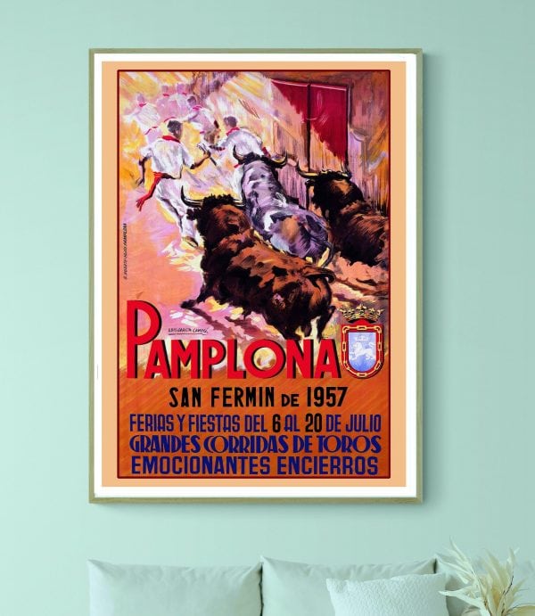 Affiche vintage de la Feria de San Fermin 1957 à Pamplona, illustrant la course de taureaux.