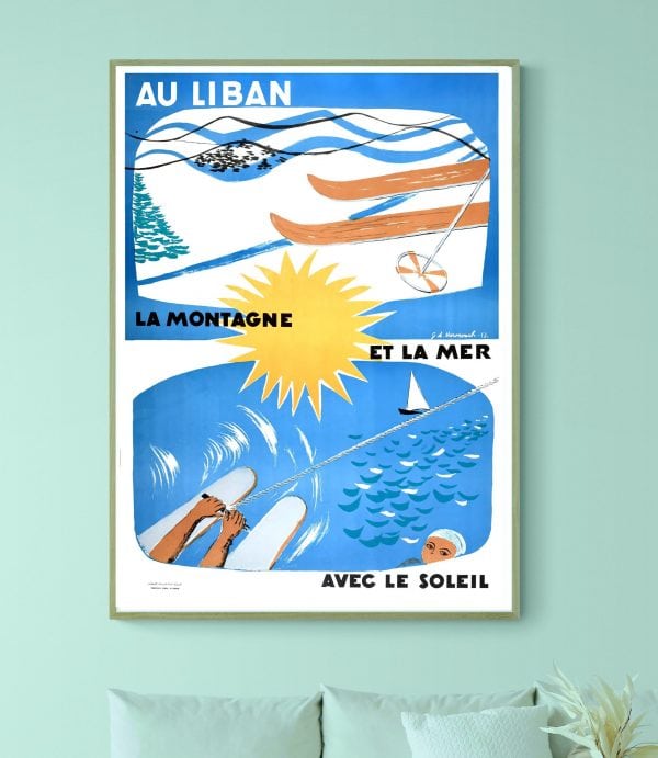 Affiche vintage représentant la montagne, la mer et le soleil avec des activités de plein air.