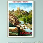 Panneau vintage illustrant la vallée de la Creuse à Crozant, avec ruines et rivière pittoresque.